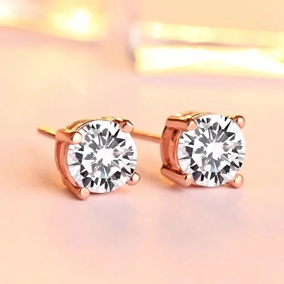 New Simple Round Cut Diamond Stud Earrings - Picture 3 of 4
